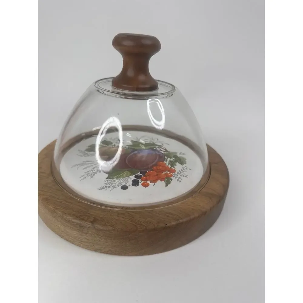 Vintage Wood & Glass Cheese Dome Cloche Set Plums Figs Cranberry Ceramic Insert
